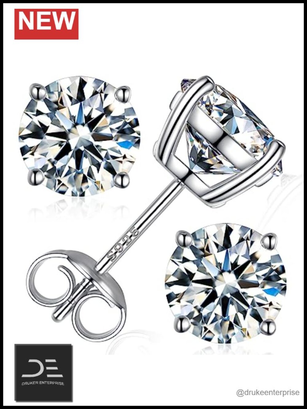 Moissanite Stud Earrings 18K White Gold Plated 925 Sterling Silver Round Cut